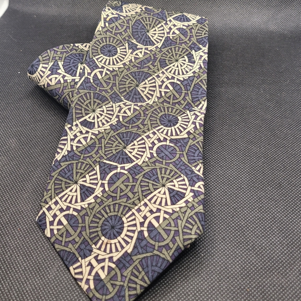 Trussardi Neckwear tie Men’s Pure Silk Tie Blue Beige Geometric Circles 3.5” in